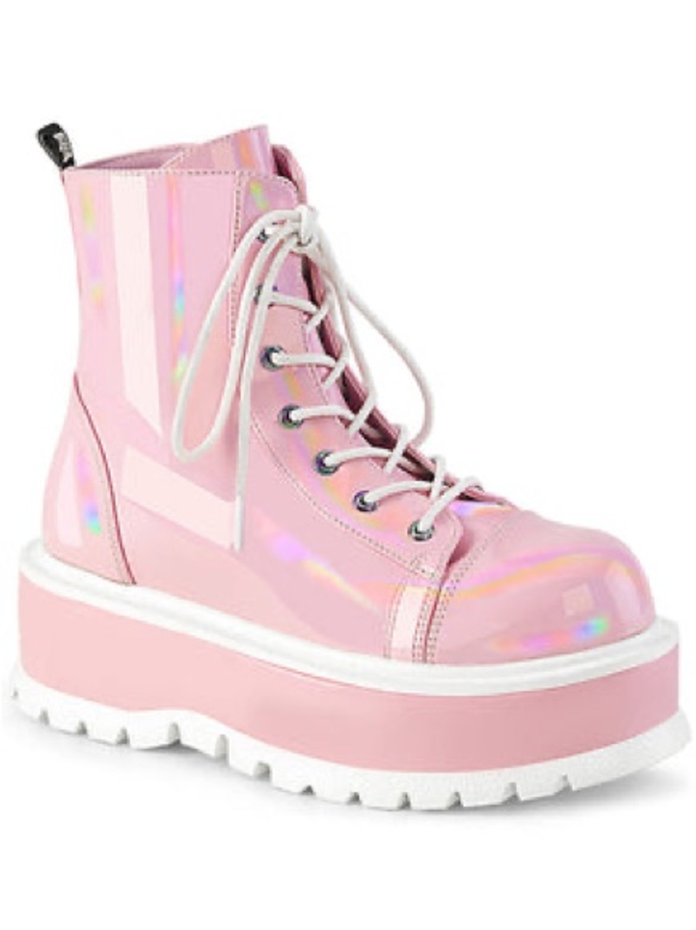 Demonias Slacker 55 Baby Pink Holographic Platform Lace-Up Ankle Boots